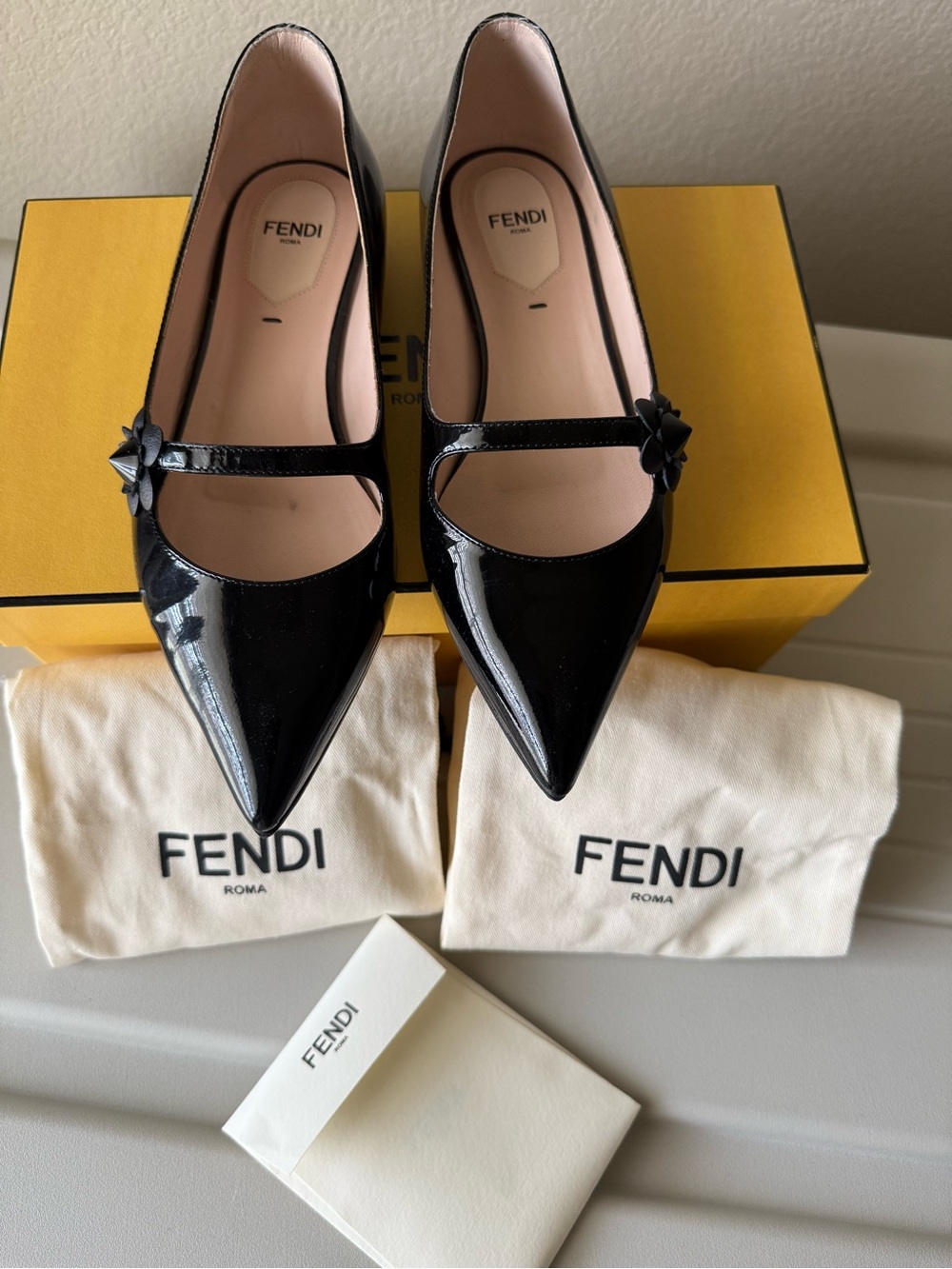 Fendi Black Patent Leather Pointed Mary Janes with Pink Lining